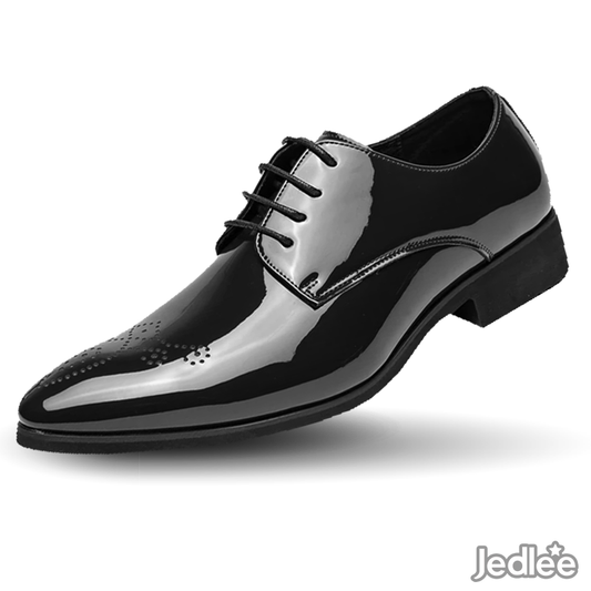 Elegant Patent Derby Leather Shoes for Men - Stylish Medallion Fashion