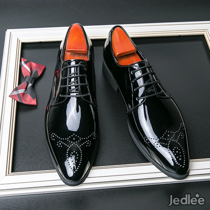 Elegant Patent Derby Leather Shoes for Men - Stylish Medallion Fashion