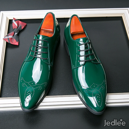 Elegant Patent Derby Leather Shoes for Men - Stylish Medallion Fashion